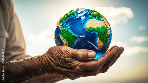 Obraz na płótnie Old wrinkled hands holding planet earth, globe on the palm, eco environment, global connection, background w salonie