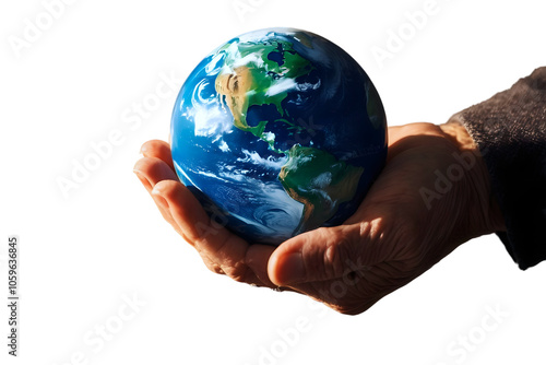 Old wrinkled hands holding planet earth, globe on the palm, eco environment, global connection, background	