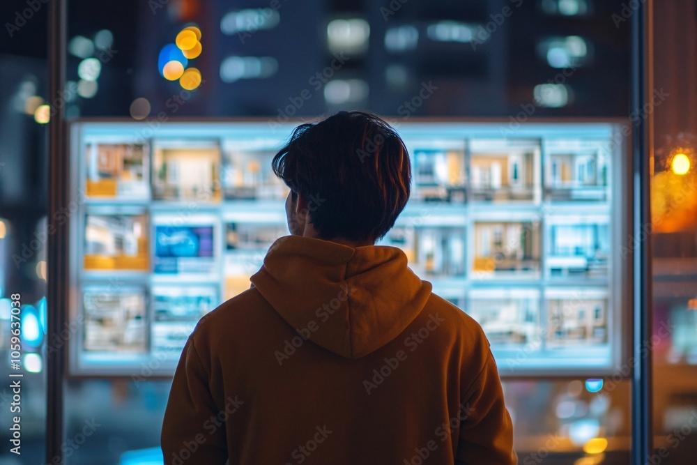A young Latino man in a hoodie, seen from behind, reviewing apartment ads at a real estate agency window, rainy evening, close-up, glowing lights, back view 1 A young Latino man in a hoodie, seen from behind, reviewing apartment ads at a real estate agency window, rainy evening, close-up, glowing lights, back view 1