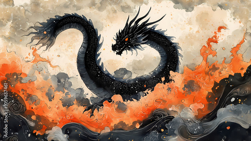 Black dragon emerges from fiery depths against a storm-laden sky. Horned Guardian Beast. Illustration photo