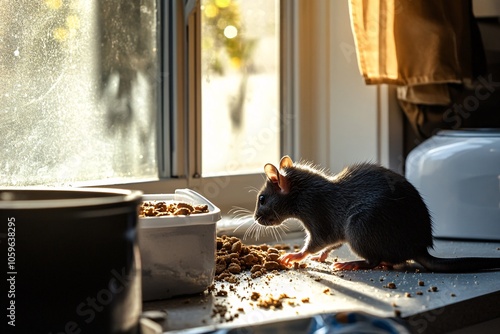 A rat nibbling on crumbs near a pet food container in a laundry room, with sunlight streaming through the window, creating a cozy atmosphere 4 photo