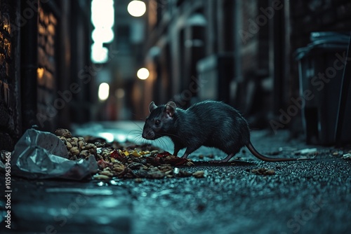 A grey rat rummaging through a pile of discarded food in an alley, showcasing its resourcefulness with a wary look under the streetlight 6