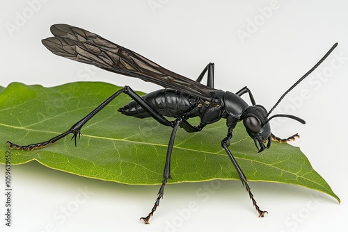 Close up portrait of a black braconid wasp perched on a leaf against a clean white background photo