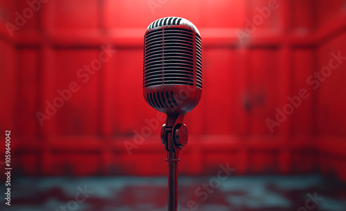 Vintage microphone on a stand in a red room. A classic microphone stands ready on a stage illuminated by red lights, suggesting a performance or recording session.