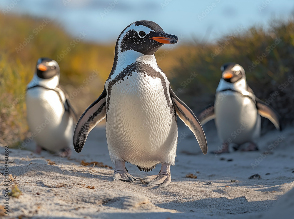 Obraz premium Explore the charm of the Magellanic Penguin with this captivating photo, capturing its unique markings and playful nature. Ideal for prints, posters, and unique merchandise.