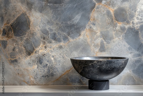 A black marble sink sits in front of a marbled wall. The wall is a light gray with gold veining.