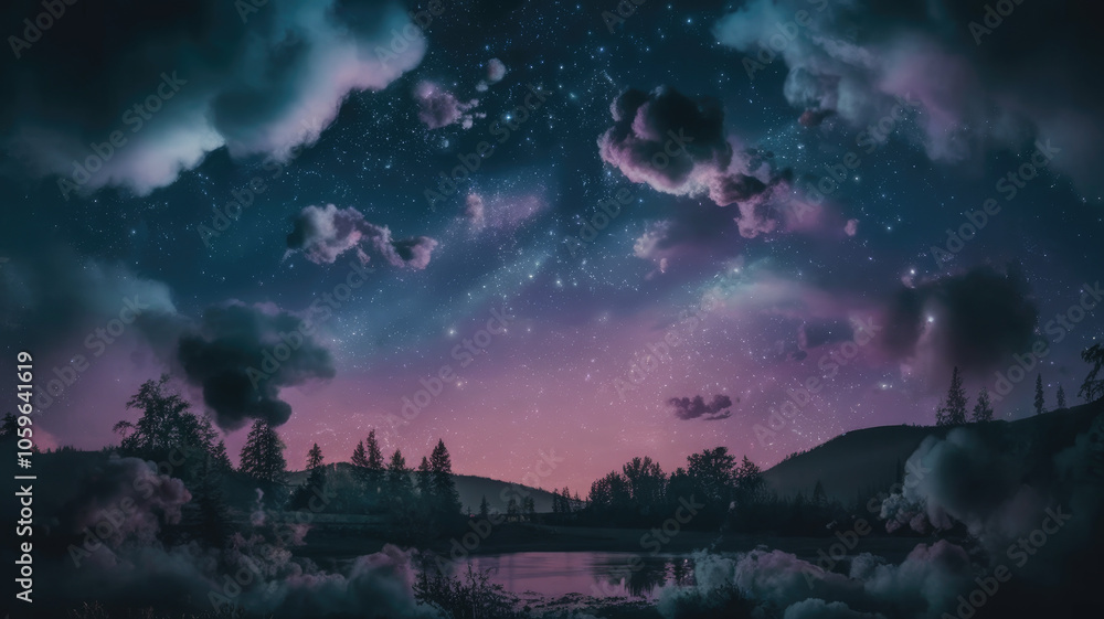 Obraz premium A stunning night sky full of stars and vibrant colors, with clouds adding depth, creating a serene and mystical atmosphere over a tranquil water body.