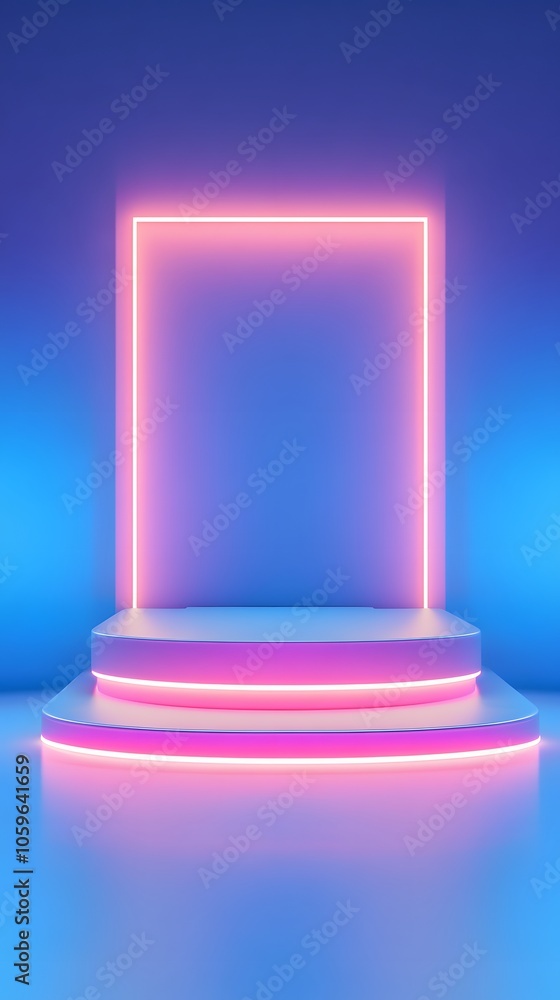 Obraz premium product display podium with neon lights and blue background