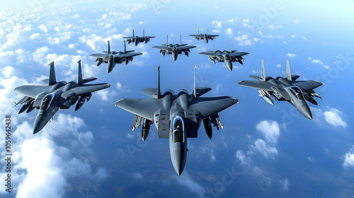 F-15 Eagle Fighter Jets Flying in Formation Over Clouds - 3D Illustration