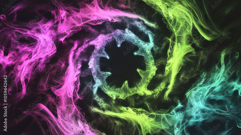 Obraz premium A vibrant abstract swirl of multicolored smoke, featuring pink, green, and blue hues, creating a mesmerizing circular pattern against a dark background.