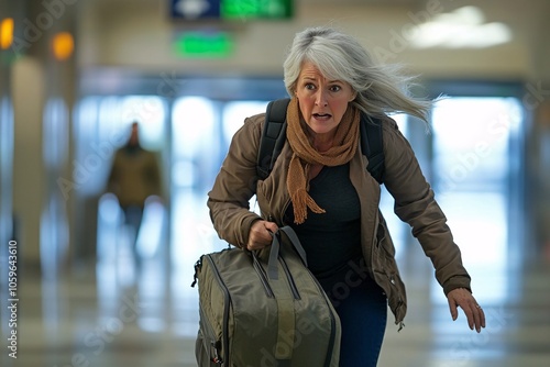 Middle-aged woman hurrying through airport lobby with rolling carry-on, ponytailed graying hair, frantically searching for departures area 3 photo