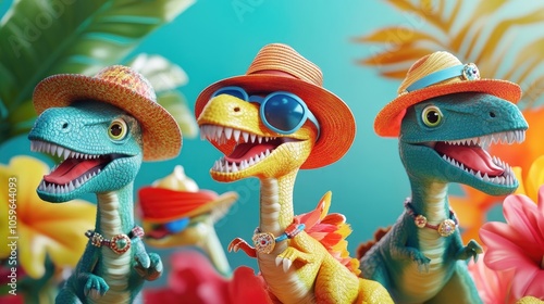 Three cartoon dinosaurs wearing hats and sunglasses, smiling, against a tropical background.