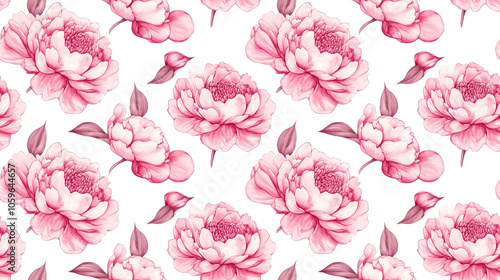 Seamless pattern featuring hand drawn pink peony flowers in watercolor style ideal for fabric design and home decor