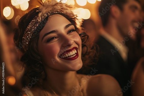 A stylish woman in a feathered flapper headband, laughing with friends in a crowded 1920s speakeasy, lively atmosphere, medium close-up 4