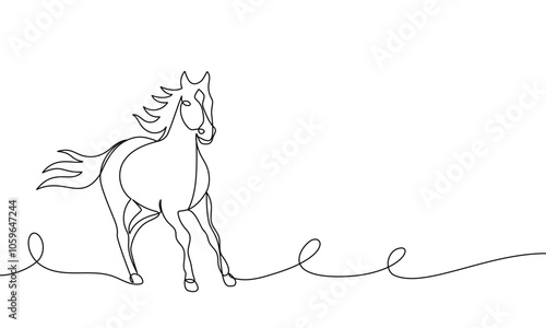 Banner continuous one line drawing galloping horse. Hoofed animal. Hand drawn vector illustration, outline, line art