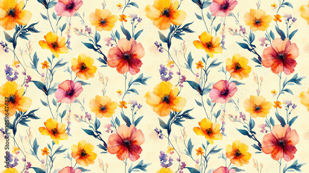 Fototapeta premium Seamless pattern of watercolor flowers in shades of yellow orange pink and lilac on a light yellow background ideal for fabric and wrapping paper