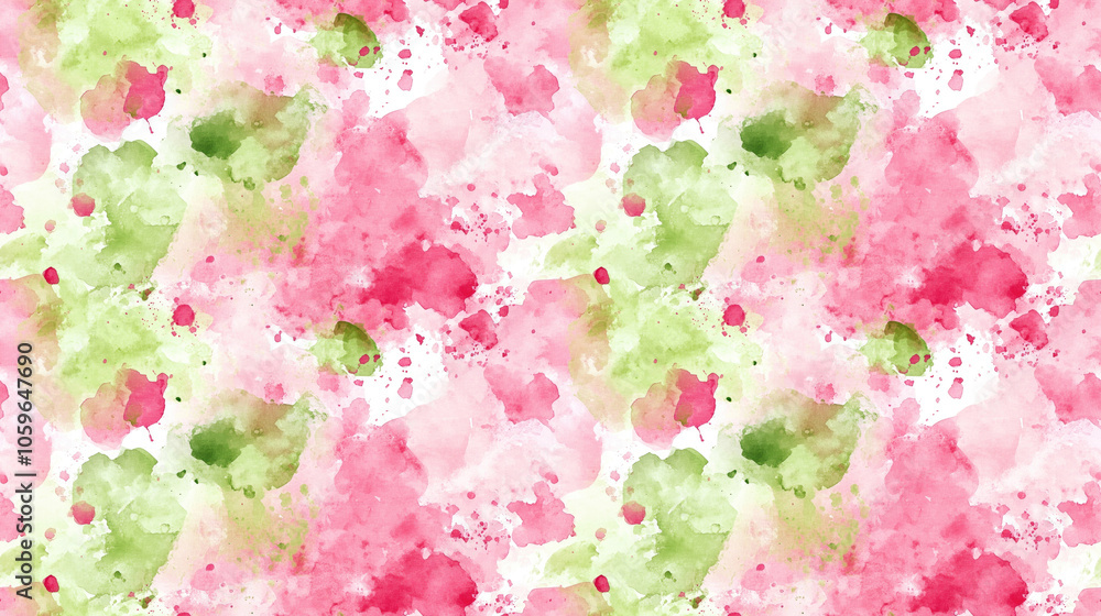 Fototapeta premium Vibrant pink and green watercolor splashes creating a seamless pattern ideal for textile design and artistic backgrounds