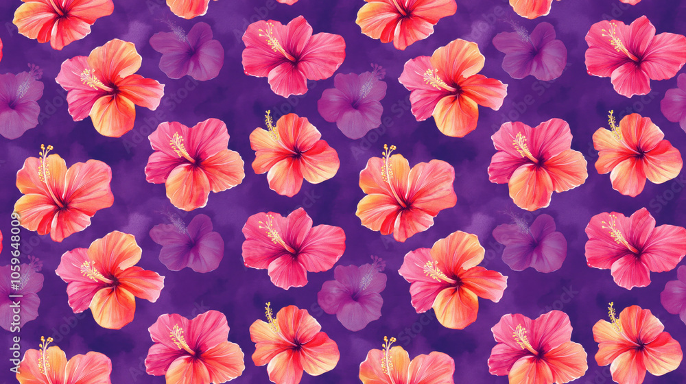Fototapeta premium Soft watercolor hibiscus flower pattern on a vibrant purple background ideal for fabric design and wallpapers