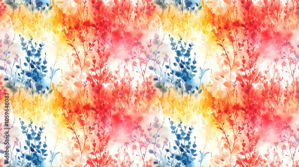 Fototapeta premium Colorful watercolor pattern featuring an abstract spring field perfect for textile design and creative projects