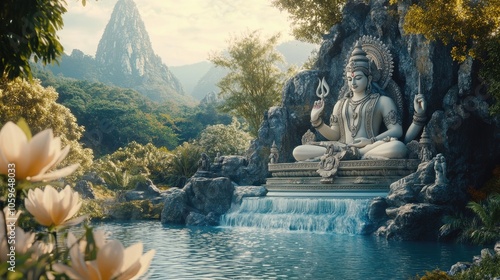 Fototapeta Naklejka Na Ścianę i Meble -  A serene statue of a deity sits atop a waterfall in a lush, jungle setting. The image evokes a sense of peace and tranquility.