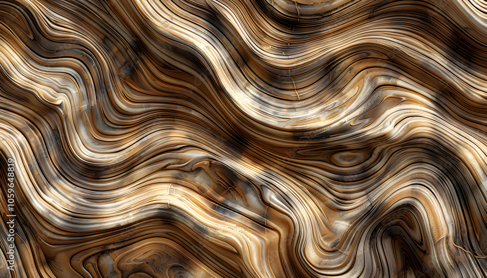 Fototapeta premium Abstract wavy pattern in warm brown and gold tones, creating a sense of fluidity and movement.
