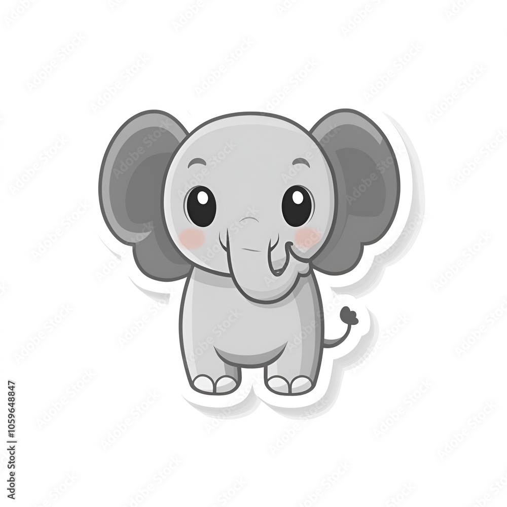 Obraz premium Adorable cartoon elephant sticker icon - standing tall with a friendly smile. It has big ears, big eyes, and a cute little tail. The elephant looks happy and ready to play!