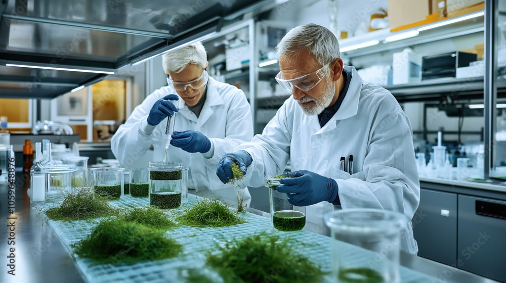 Obraz premium Two scientists in a laboratory wearing white lab coats and safety glasses conducting experiments with green algae samples in glass containers on a workbench, using pipettes and tools.