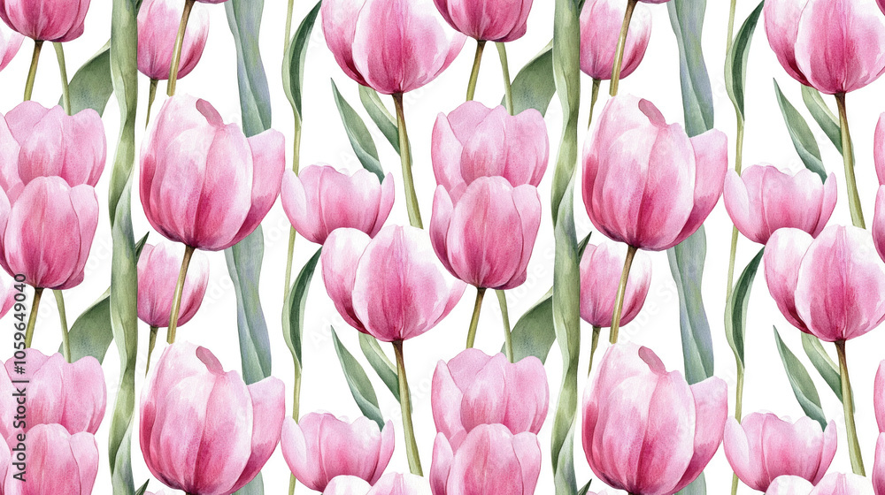Fototapeta premium Seamless watercolor pattern of pink tulip flowers perfect for fabric design background applications and decorative framing