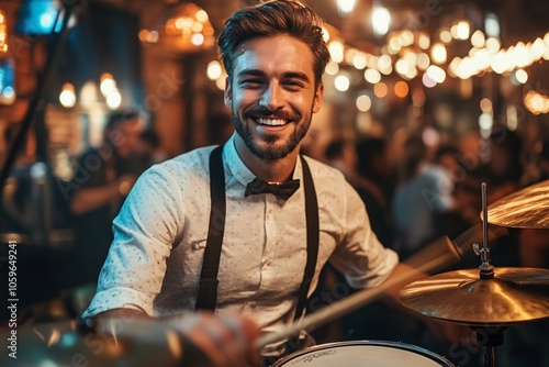 A lively jazz drummer in suspenders and rolled-up sleeves, playing in a crowded 1920s speakeasy, energetic atmosphere, medium close-up 3