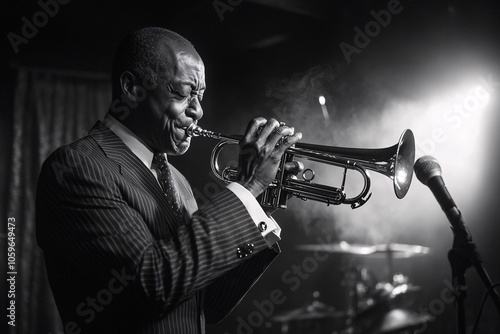 A jazz trumpeter in a sharp suit, playing passionately on stage in a 1920s speakeasy, spotlight on him, smoky atmosphere, medium close-up 1 photo