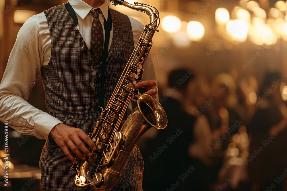 Obraz premium A jazz saxophonist in a checkered vest and tie, playing with passion on stage in a packed 1920s speakeasy, smoky atmosphere, close-up 2