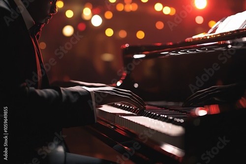 A jazz pianist in a black tuxedo playing a grand piano in a dimly lit 1920s speakeasy, intense expression, medium close-up 3