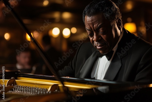 A jazz pianist in a black tuxedo playing a grand piano in a dimly lit 1920s speakeasy, intense expression, medium close-up 1