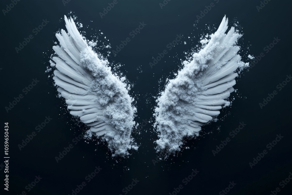 Fototapeta premium A pair of white wings delicately shaped out of powder, set against a dark background, conveying themes of lightness and transformation in an abstract style.