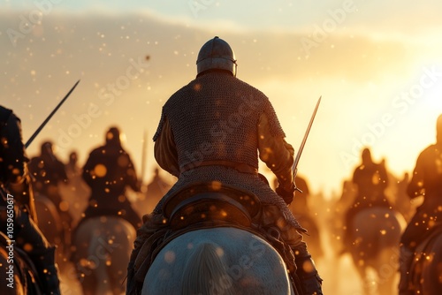 A dramatic scene featuring medieval cavalry charging forward under a sunset-lit sky, highlighting themes of bravery, valor, and the historical grandeur of bygone ages.