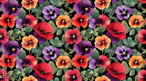 Seamless digital hand painted abstract watercolor pattern featuring vibrant poppy and pansy flowers with lush leaves ideal for fabric and textile design