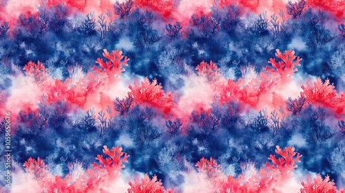 Textured seamless pattern of red and blue watercolor depicting corals algae and sea forms ideal for wallpaper and home decor