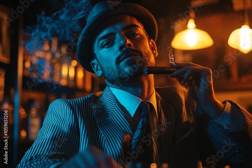 A charismatic man in a striped suit, smoking a cigar at the bar of a 1920s speakeasy, low lighting, close-up 1