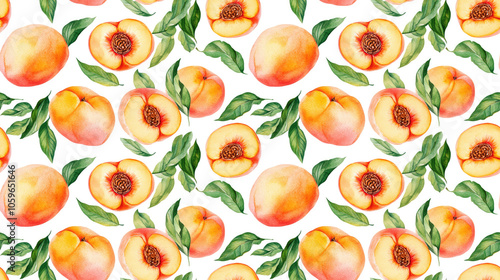 Wallpaper Mural Seamless watercolor pattern featuring isolated peach fruits cut peaches and lush green leaves on a white background Torontodigital.ca
