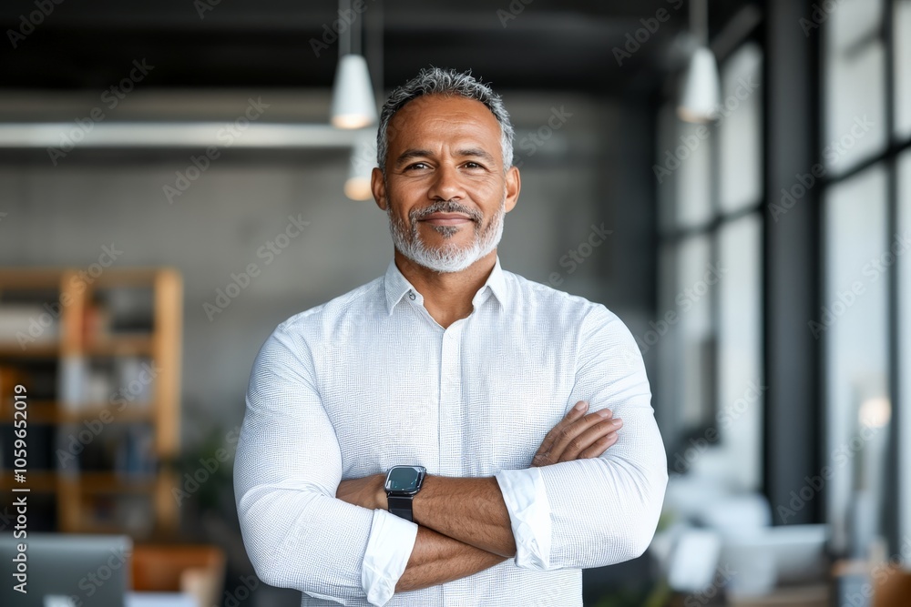 Obraz premium A confident man with a white shirt stands with arms crossed in a modern office environment, suggesting assertiveness, leadership, and determination.