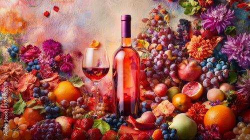 A luxurious wine bottle and glass surrounded by vibrant fruits and colorful flowers create an inviting atmosphere for a festive gathering