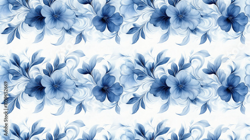 Seamless pattern of original watercolor sketches featuring leafy curly designs and delicate blossoms for textile and decor applications