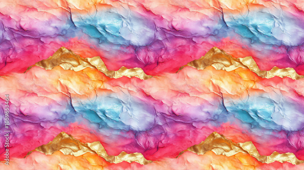 Obraz premium Colorful seamless pattern featuring crumpled oil paint and gold shibori designs perfect for fashion or textile applications
