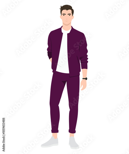 Vector illustration. A young man in a burgundy suit, combining sporty style with elegance. Contrast with a white T-shirt gives freshness.