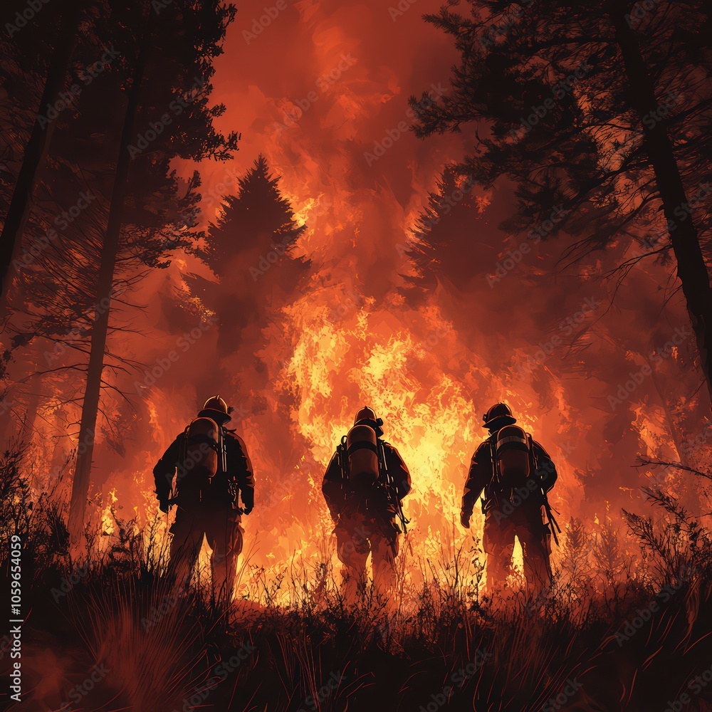 Fototapeta premium Vector of firefighters battling a large forest blaze