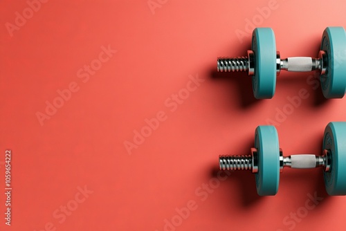 Two blue dumbbells placed on a vivid orange background symbolize strength, focus, and fitness, inviting a motivational perspective on personal health improvement. photo