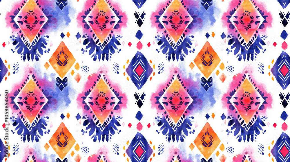Fototapeta premium Vibrant watercolor boho seamless pattern featuring ethnic motifs ideal for fabric design wallpaper and swimwear applications tribal art