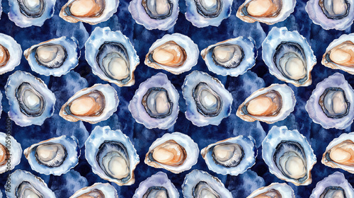 Seamless watercolor pattern featuring vibrant oysters in an abstract coastal design perfect for nautical themed decor and textile designs