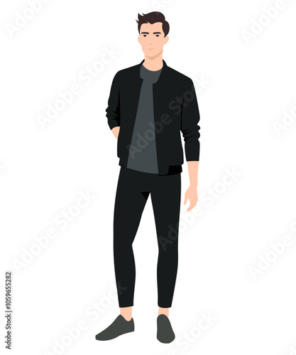 Vector illustration. A man in a dark green t-shirt and a black tracksuit. A stylish and practical choice for active leisure.