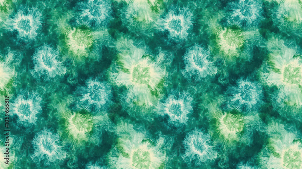 Fototapeta premium Seamless green tie dye pattern with soft cyan accents perfect for boho themed textiles and holiday decorations